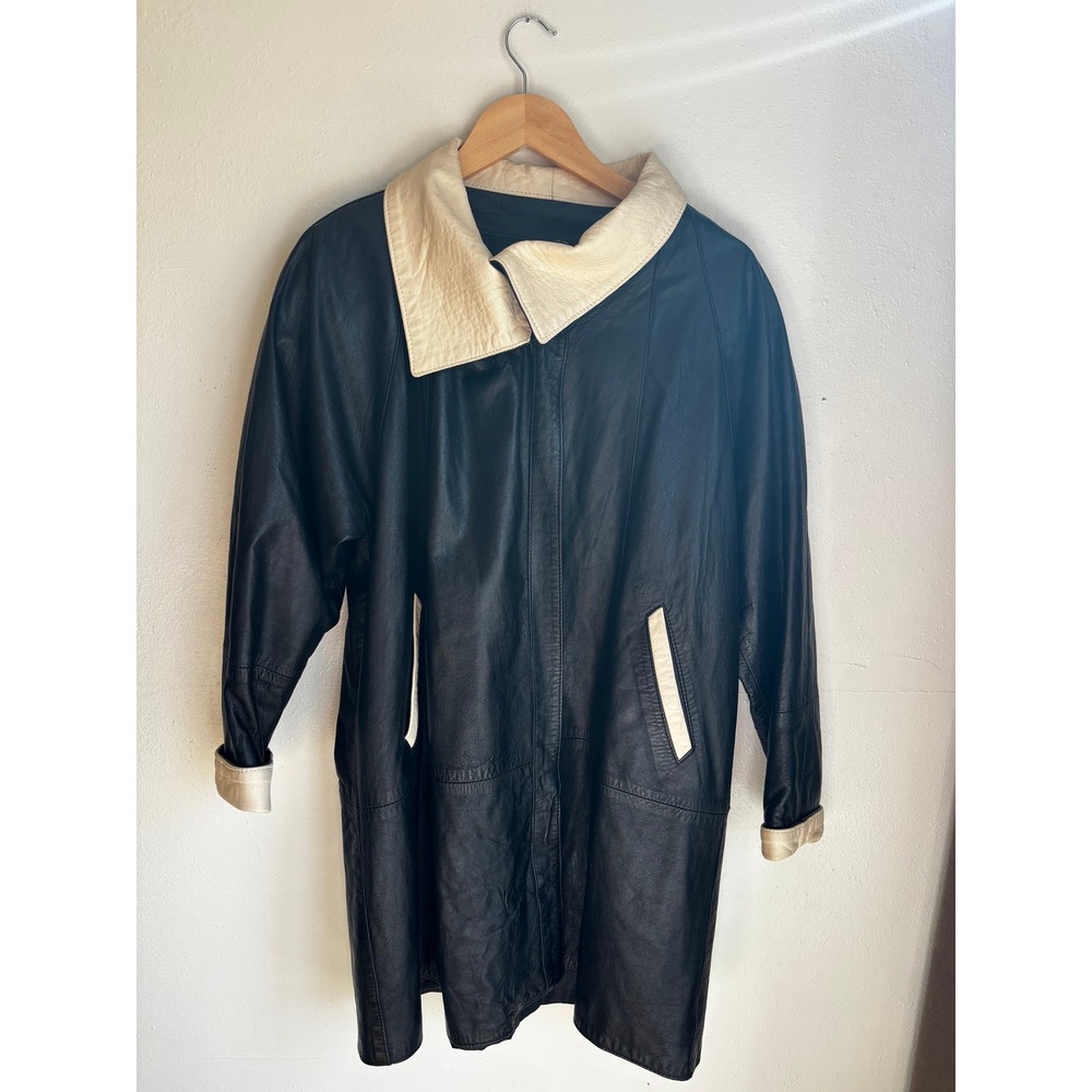 Vera Pelle Vintage Italian Black Leather‎ Trench Coat Cream Trim Womens Small